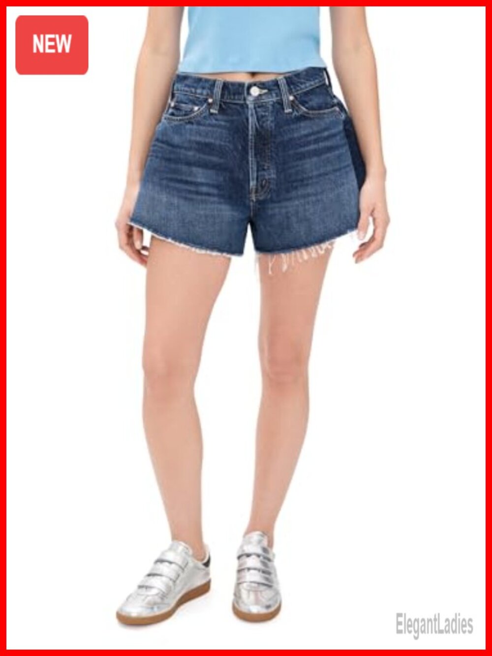 High Rise Frayed Hem Denim Jean Shorts Button Fly 5-Pocket